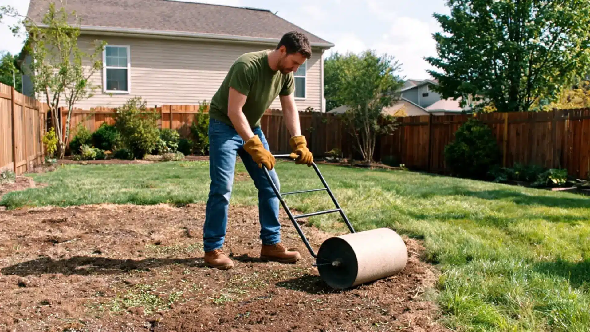 pressing grass seed gently into the soil with a lawn roller for better soil contact