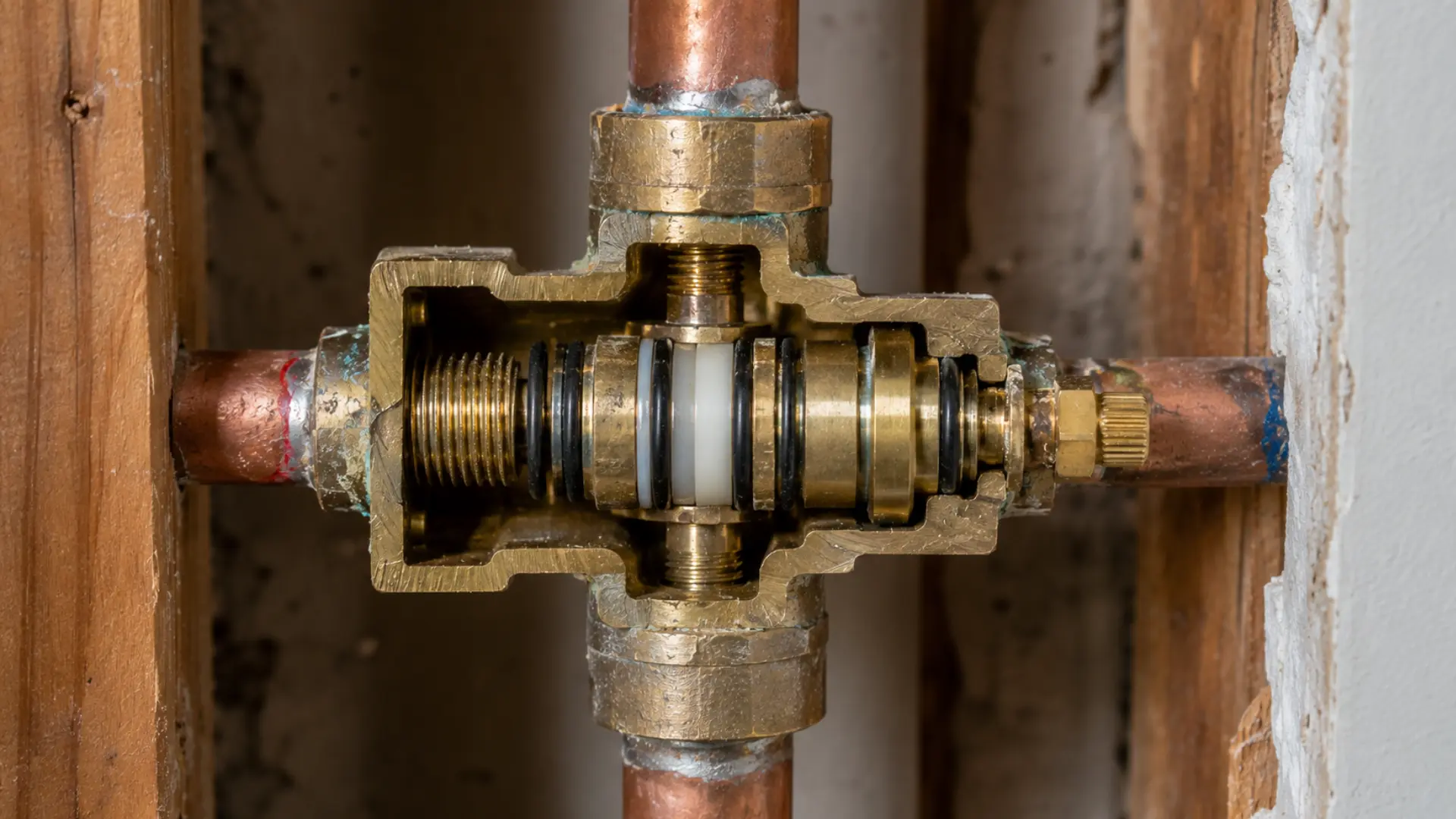 old pressure balancing shower valve showing brass body and internal parts
