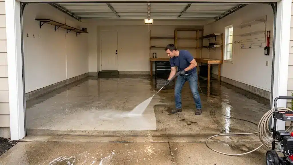 man using a pressure washer to spray and rinse the wet concrete floor inside a garage
