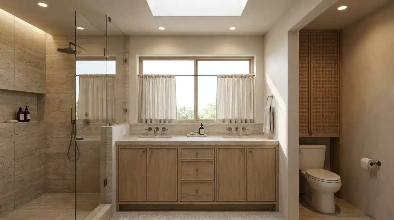 primary bathroom with double vanity walk in shower toilet zone and clear movement paths