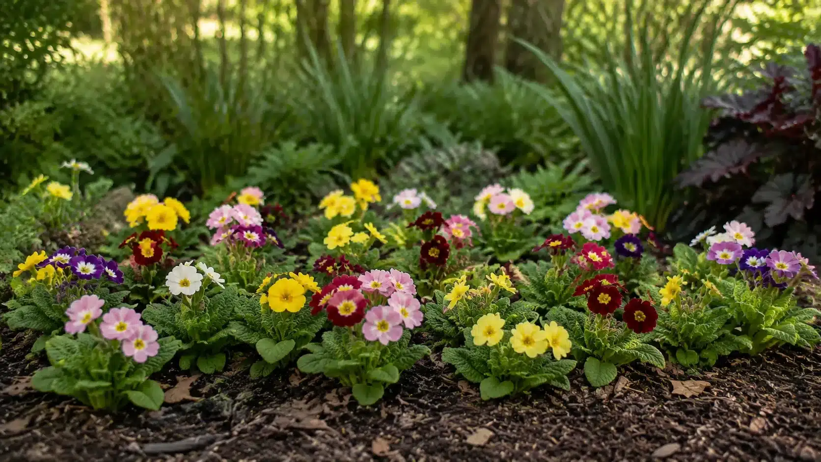 colorful primrose flowers growing in a natural garden bed with green foliage and woodland background