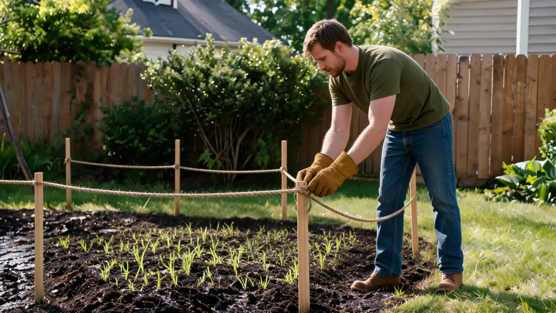 tying rope around stakes to protect patchy young grass growing inside the planted area