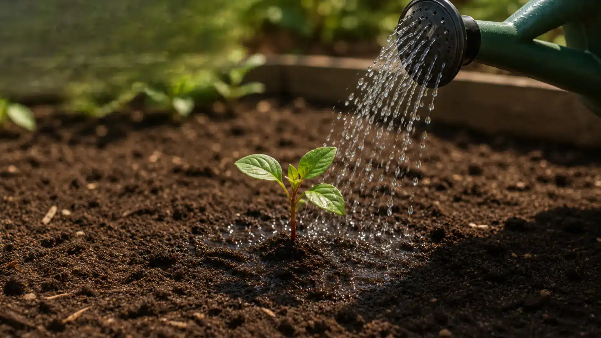 gentle watering can moistens a young amaranth seedling growing in loose soil during early growth