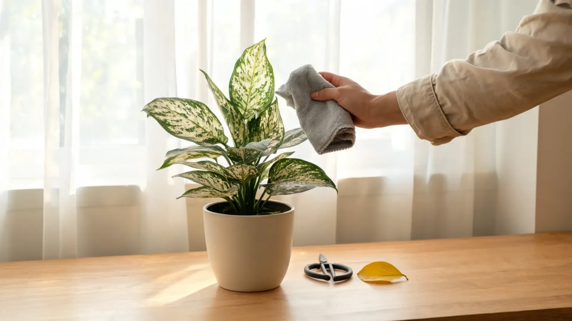 a hand using small scissors to prune and clean the leaves of a healthy potted houseplant indoors