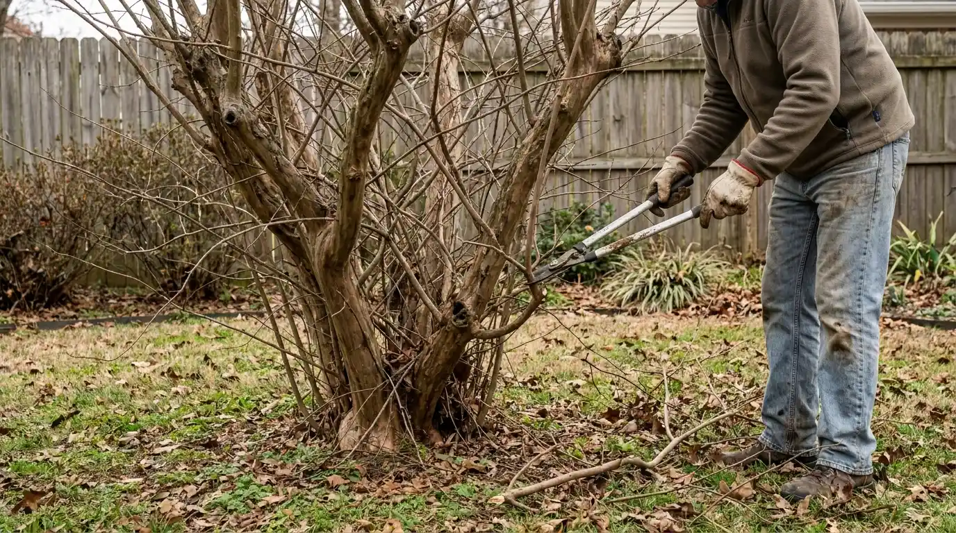 gardener using loppers to prune crowded branches on an overgrown crepe myrtle in a winter backyard