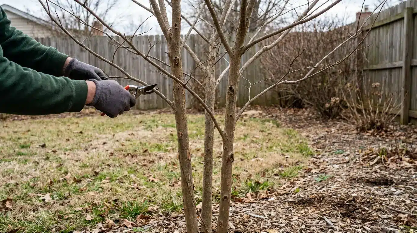 gloved hands using pruning shears on a young crepe myrtle in a dormant residential backyard garden