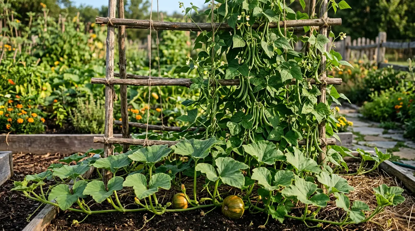 pumpkin vines growing with climbing bean plants supported by a garden trellis structure