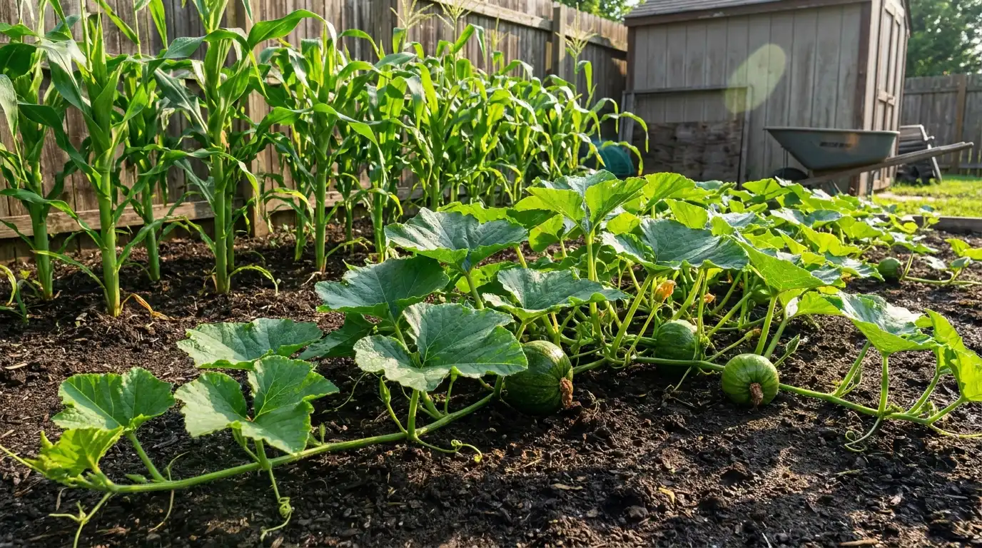 pumpkin vines spreading beside tall corn plants in a natural companion planting garden