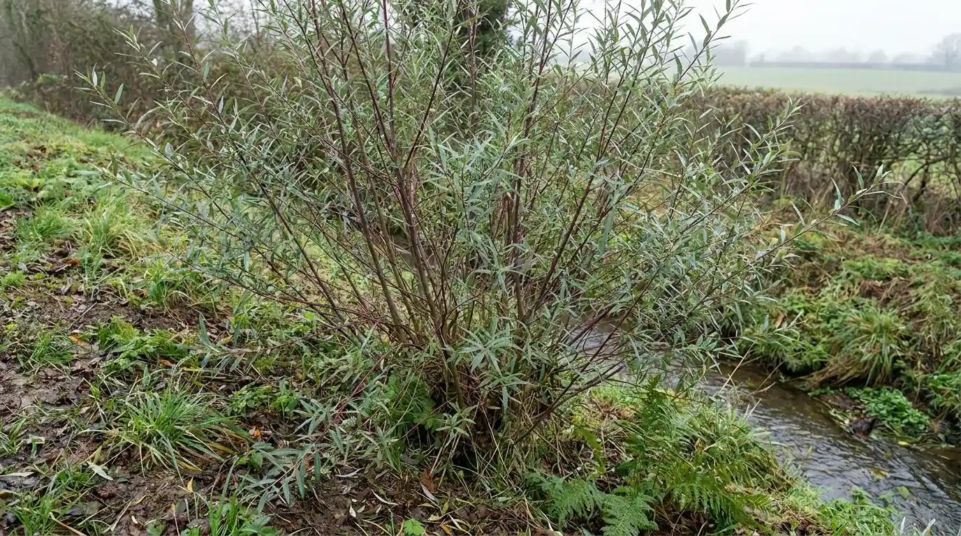 purple osier willow forming a loose shrub with reddish stems and narrow gray green leaves by a ditch