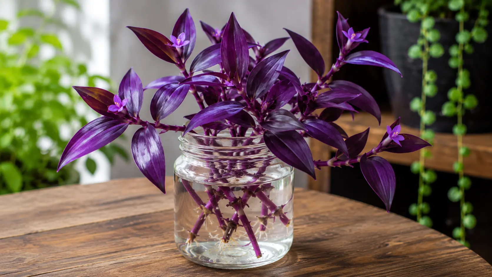purple heart plant with deep violet leaves and small flowers growing in water inside a clear glass jar