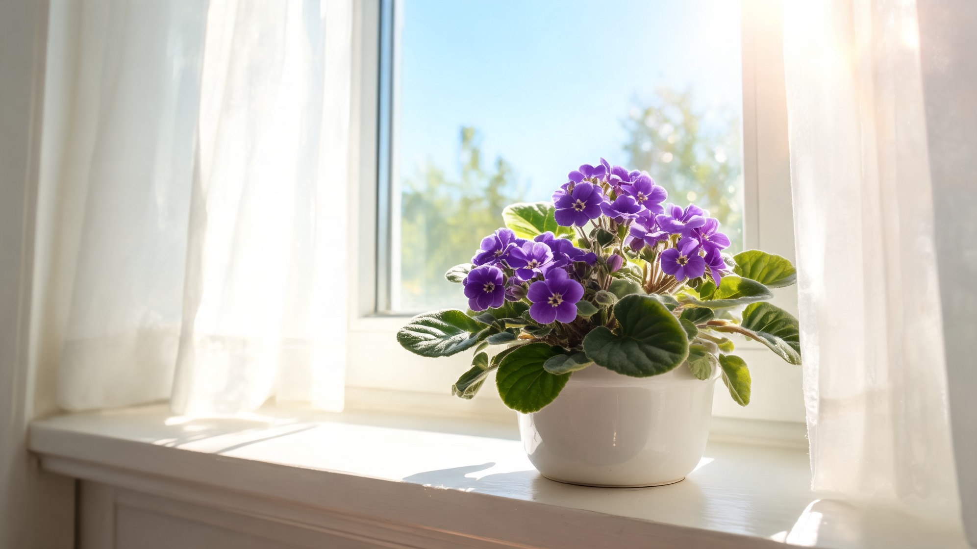 african violet care purple flowers in a white pot on a bright windowsill with soft filtered sunlight