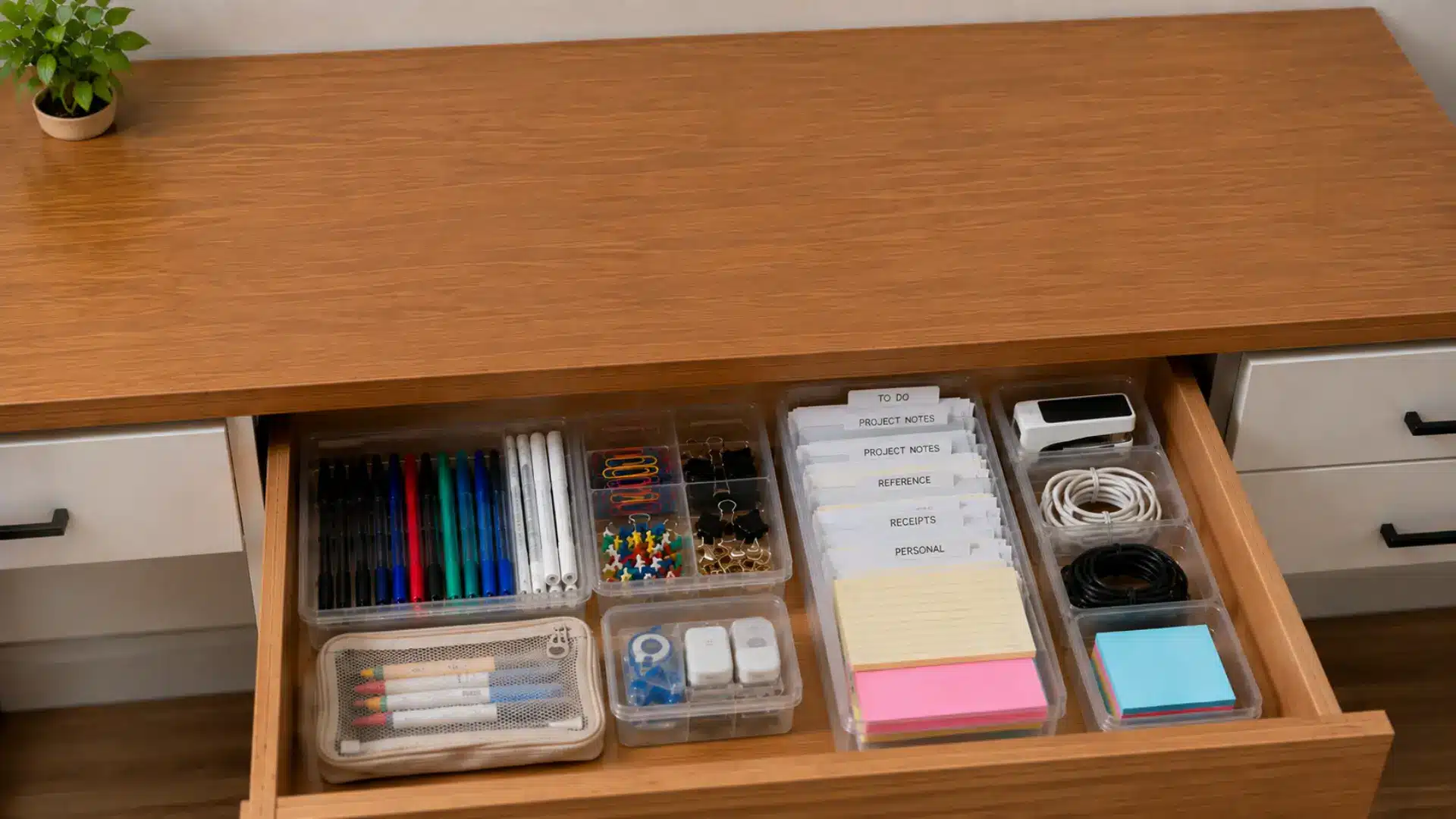 person checking the finished drawer layout and returning a pen to its assigned compartment