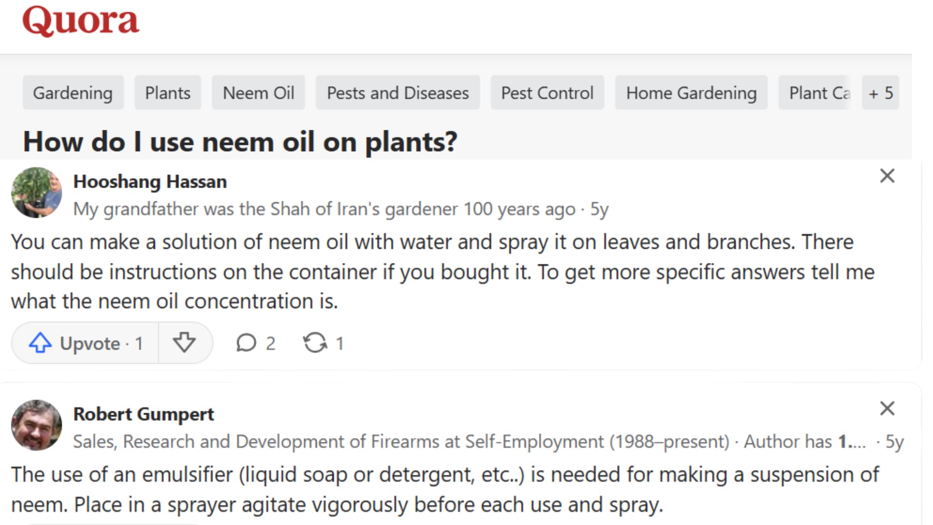 screenshot of an online gardening forum thread discussing how to mix and apply neem oil