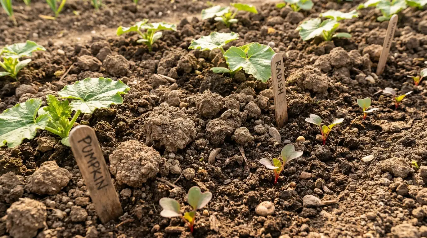 young pumpkin plants growing alongside radishes in fresh garden soil during early growth stages