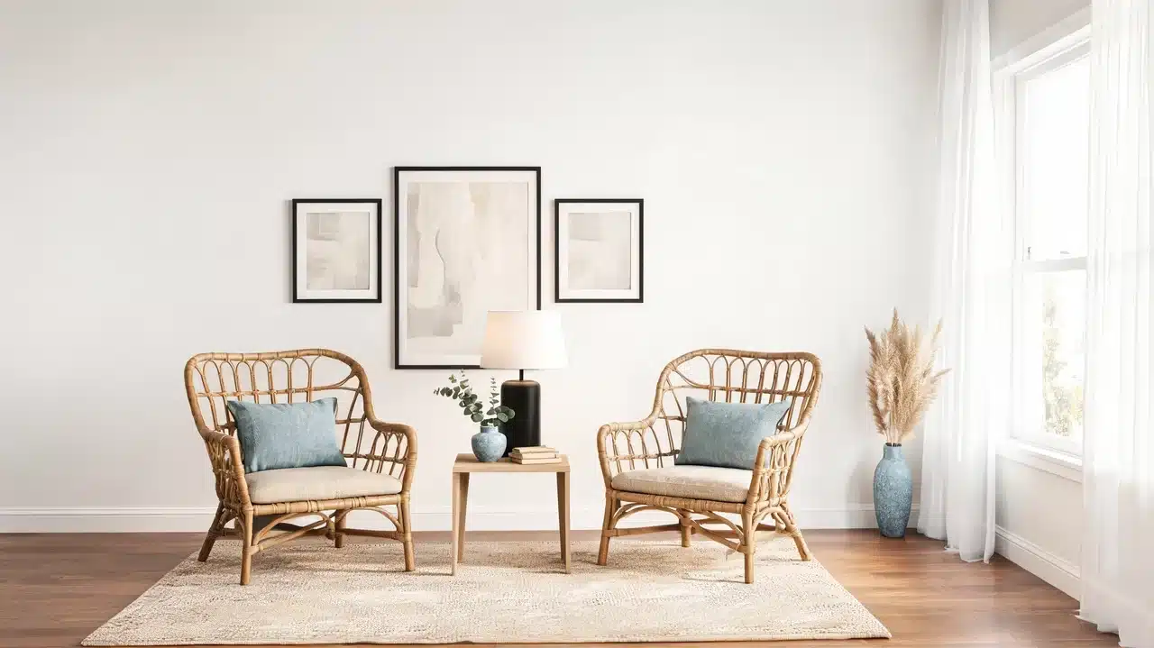 rattan chairs with black framed art in a light structured eclectic room