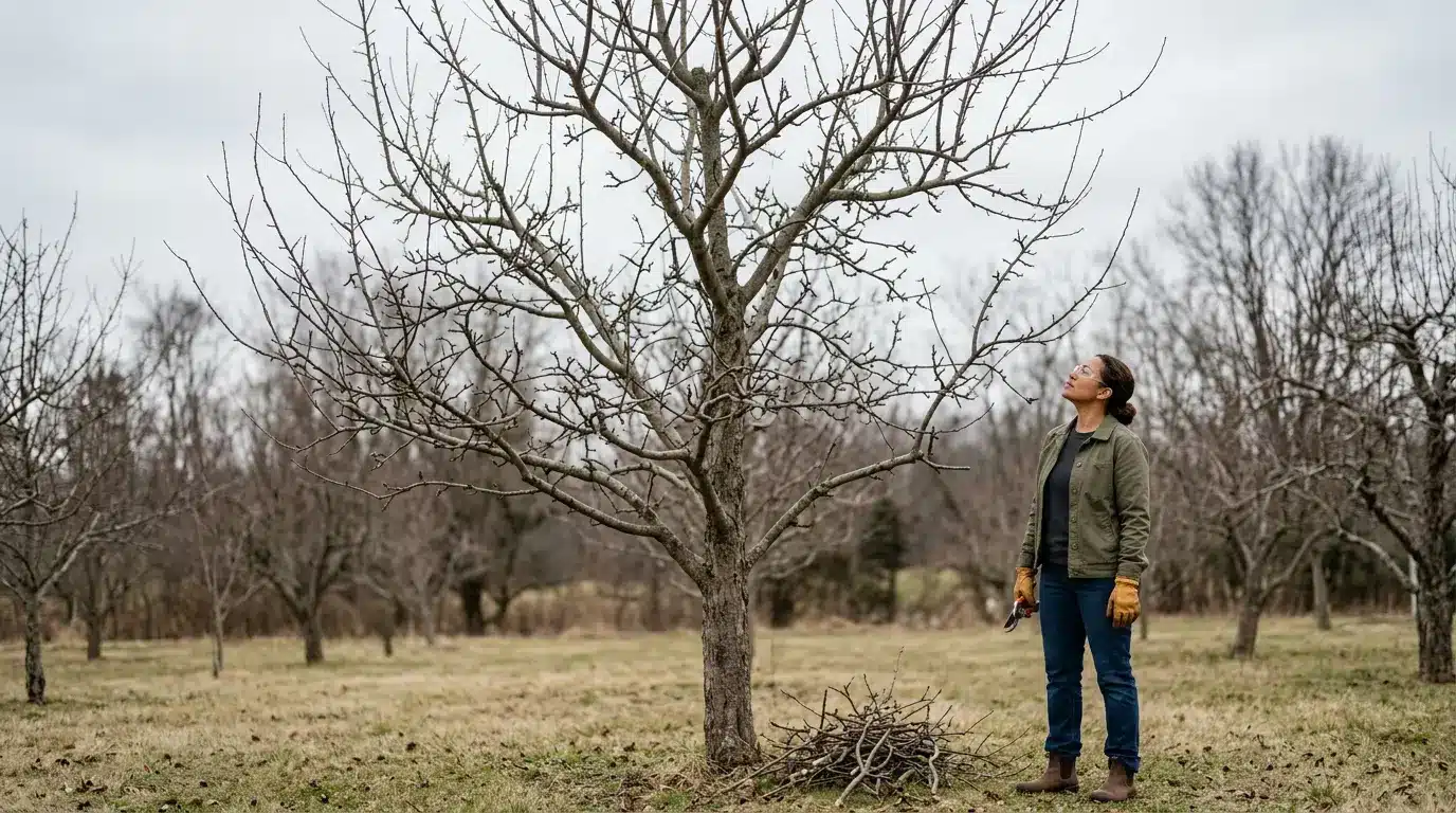 woman standing beside a pruned apple tree and reviewing its canopy with cut branches on the ground