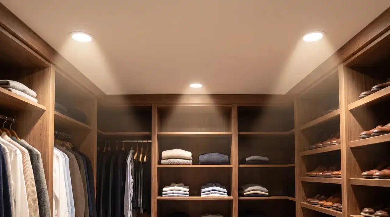 recessed ceiling lights illuminating wooden shelves clothes and shoe storage