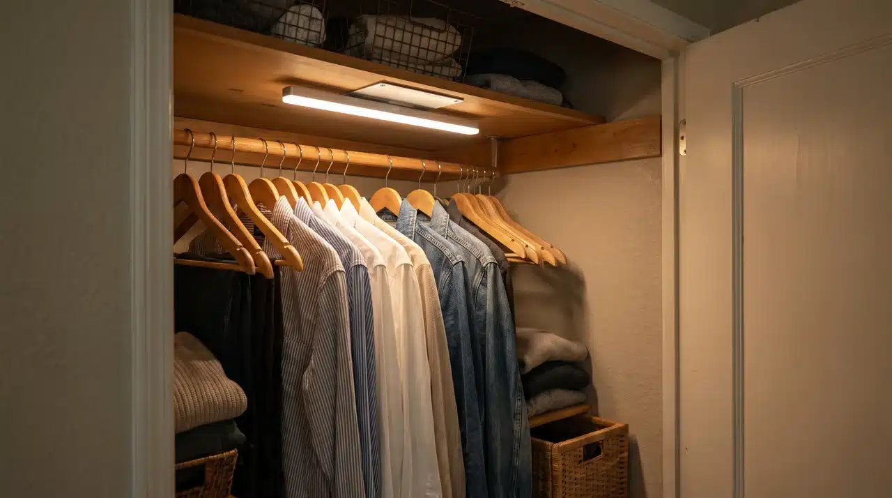 rechargeable motion sensor light bar mounted above hanging clothes in a reach in closet