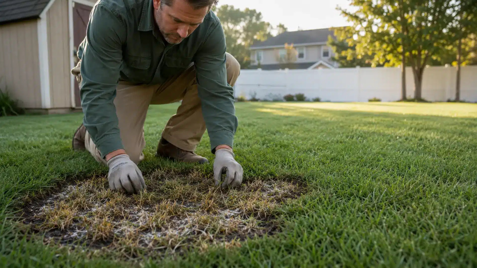 man wearing gloves kneels to inspect a circular brown patch surrounded by healthy green grass