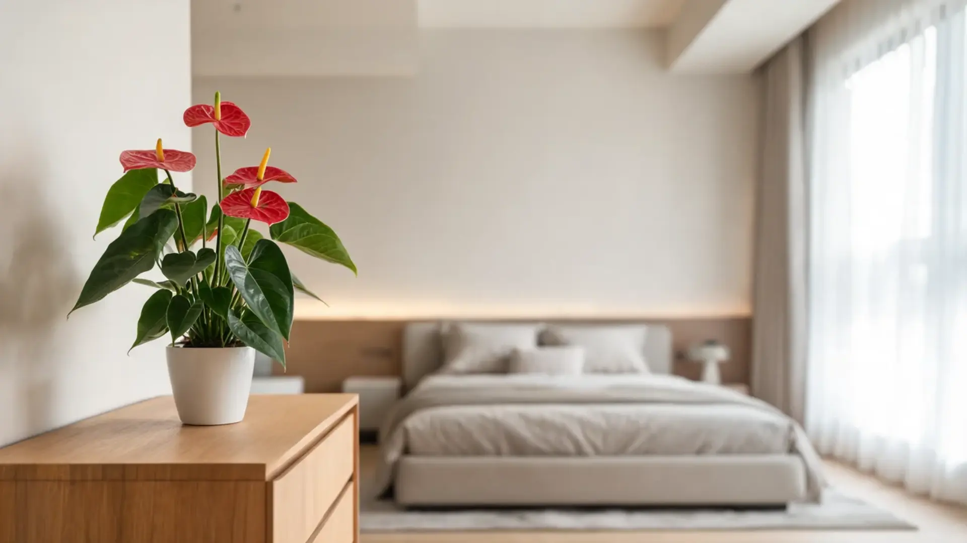red anthurium with glossy green leaves in a white pot on a wooden dresser beside a bright neutral bedroom