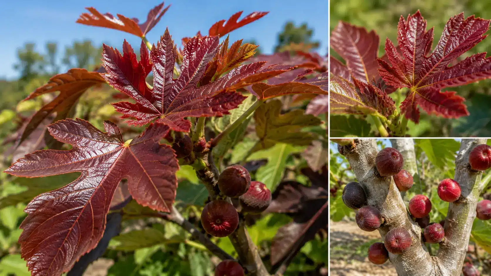 red leaf fig with glossy burgundy young leaves and small figs growing directly along the trunk
