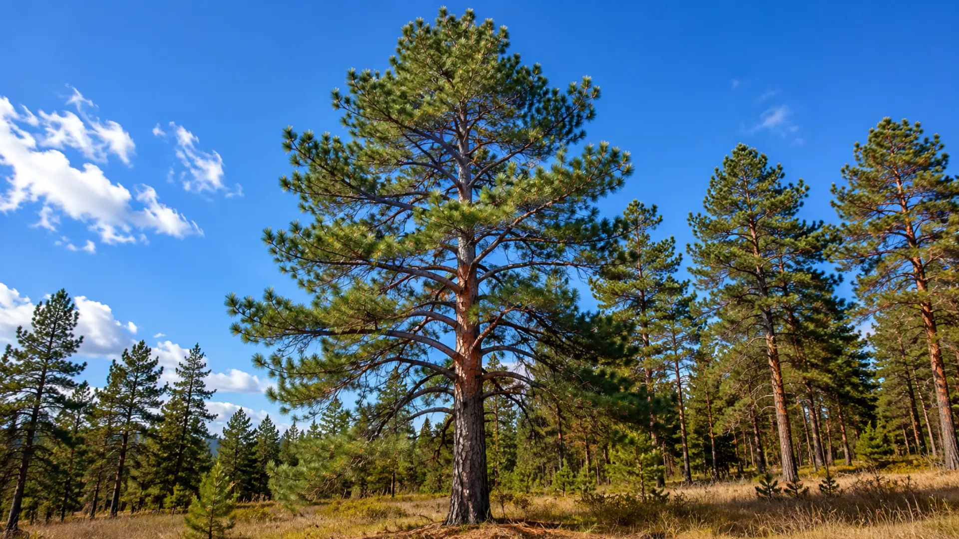 red pine with reddish brown scaly bark and paired green needles forming a tall open crown shape