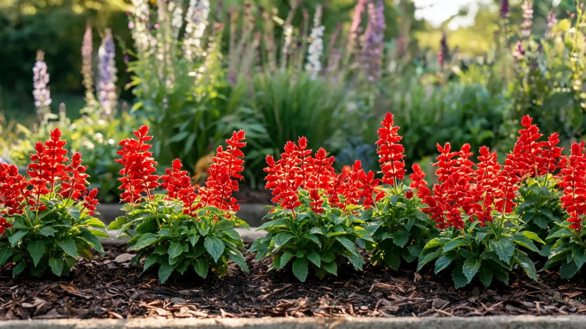 red salvia with upright spikes of vivid red flowers rising above narrow green border foliage