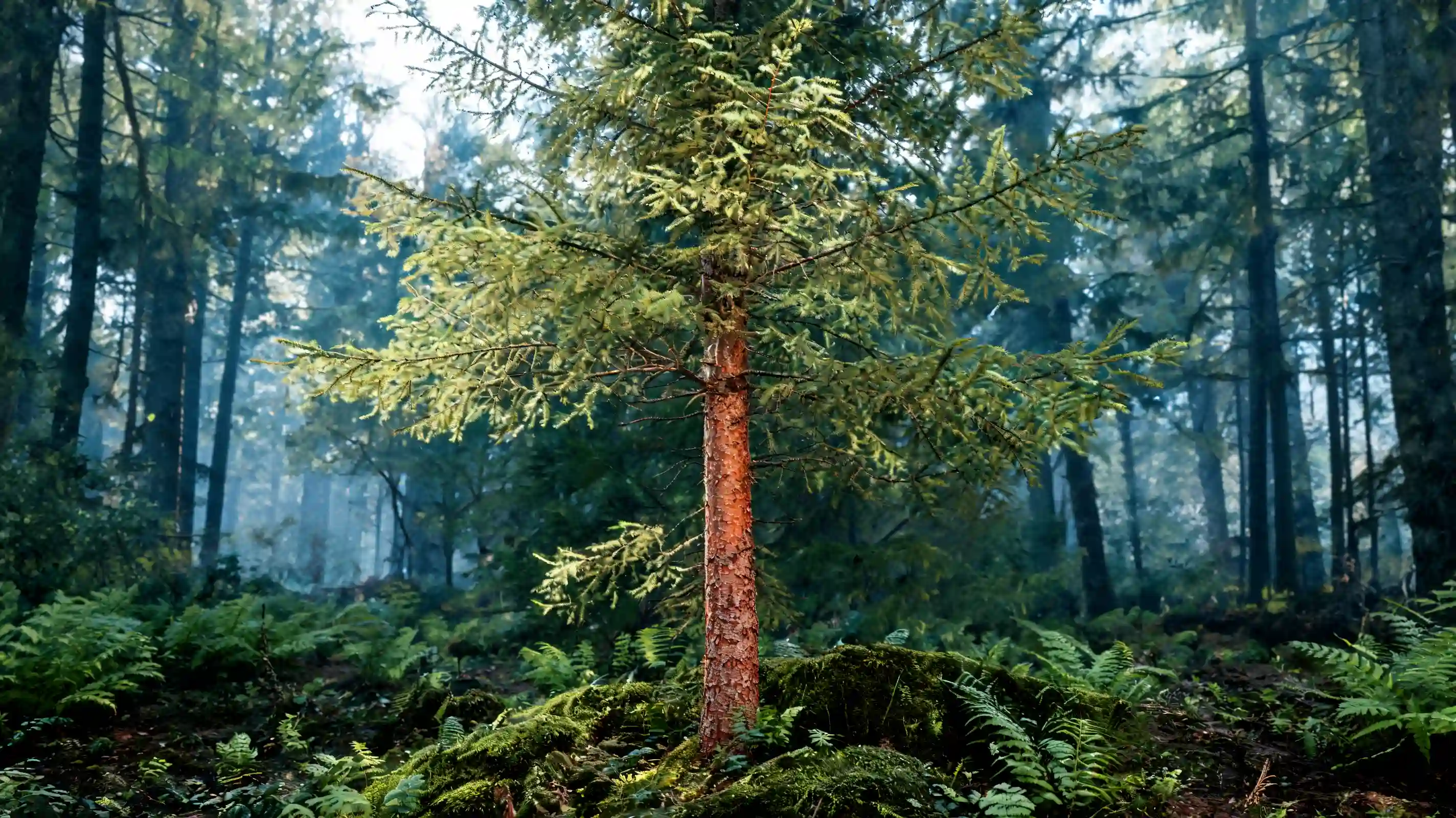 tall red spruce with yellow green needles and reddish brown bark in a cool moist northeastern forest