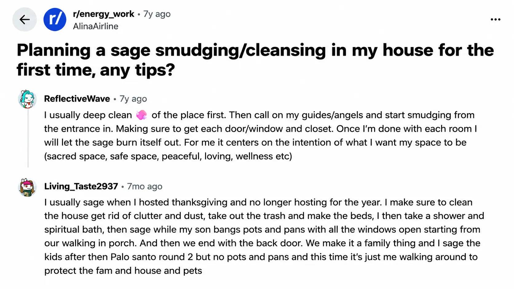 reddit discussion about sage smudging tips with users sharing home cleansing experiences and ritual preparation advice