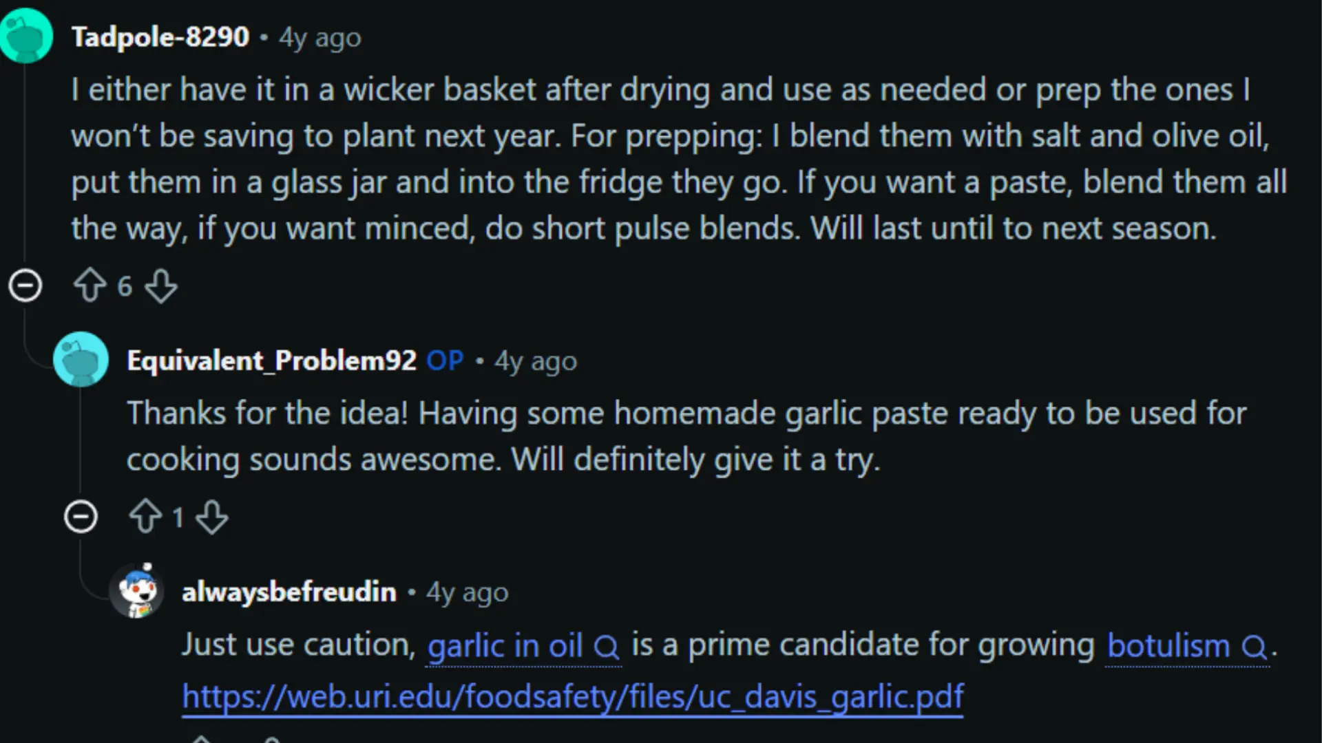 Reddit thread discussing garlic paste in storage and warning with fridge preservation tips