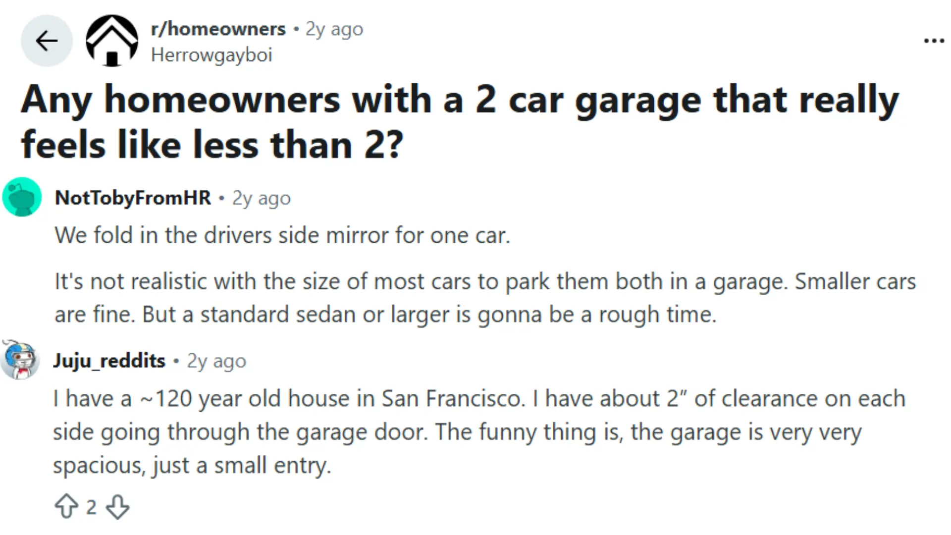 reddit discussion about two car garages feeling too small with comments on tight parking and narrow doors
