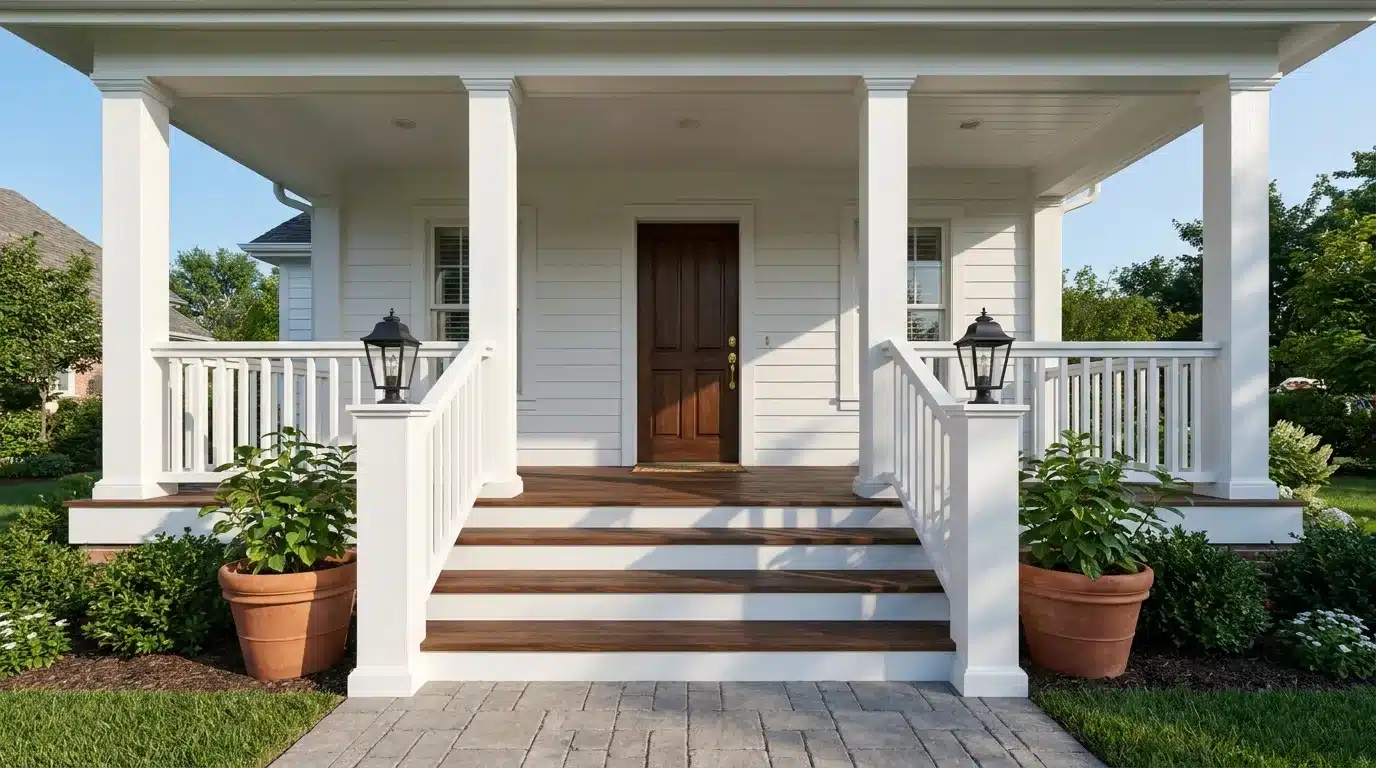 refresh porch railings columns and steps with white paint wood treads lanterns and planters