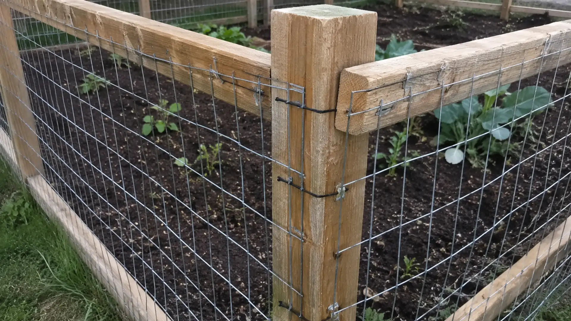 wooden garden fence corner post with wire mesh panels and metal fasteners at the joint