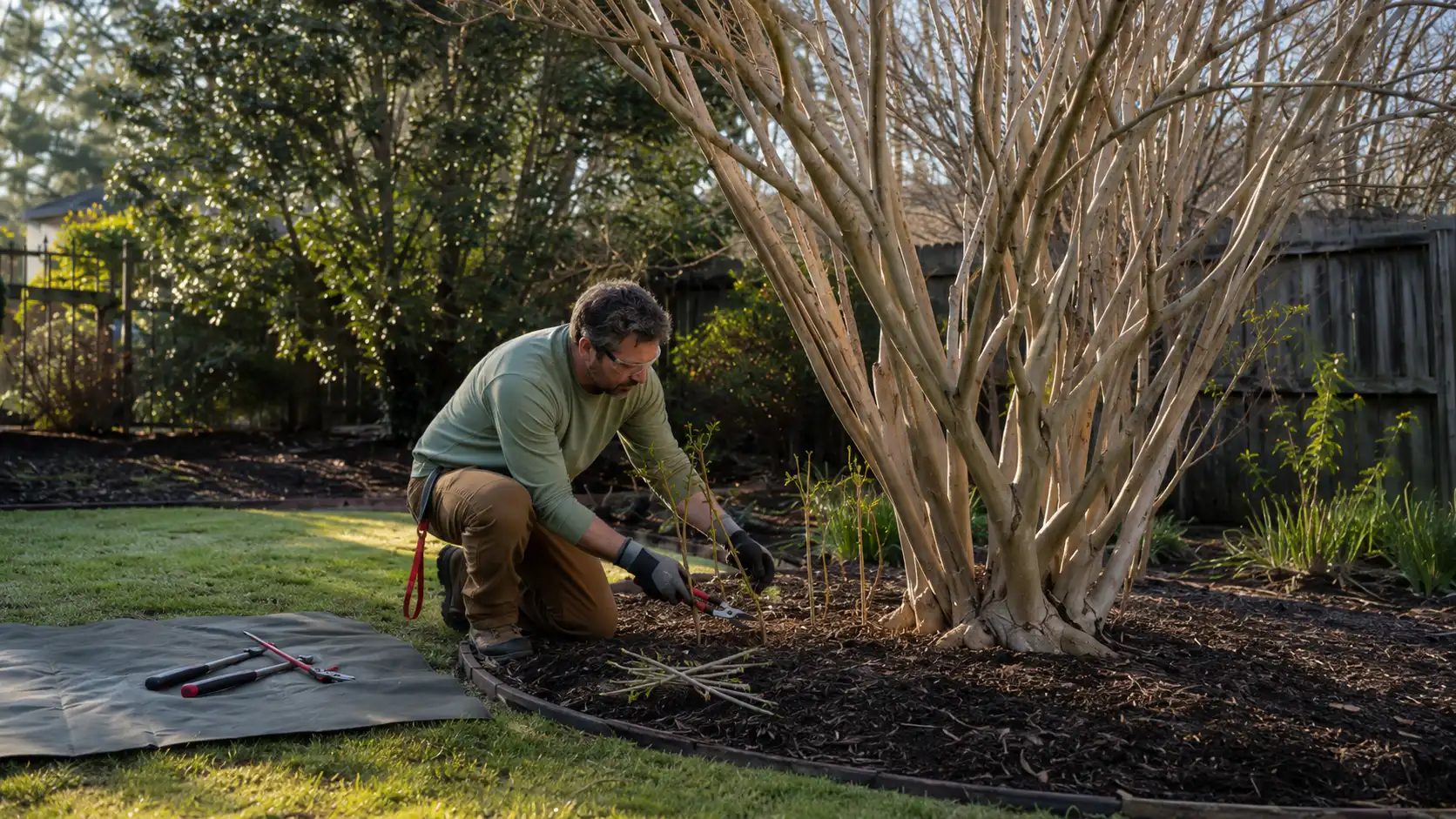 gardener clips small suckers near the base of a mature crepe myrtle without harming the trunks