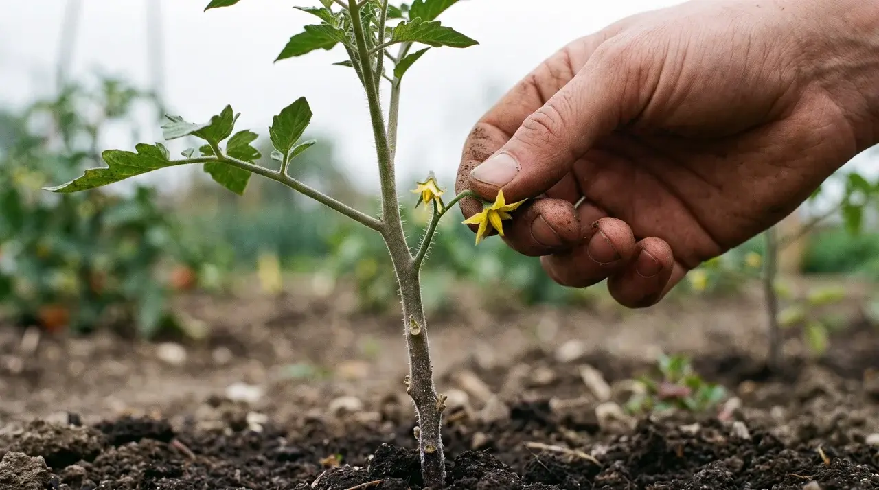 gardener carefully removing early flowers and lower ground level leaves from a young tomato plant