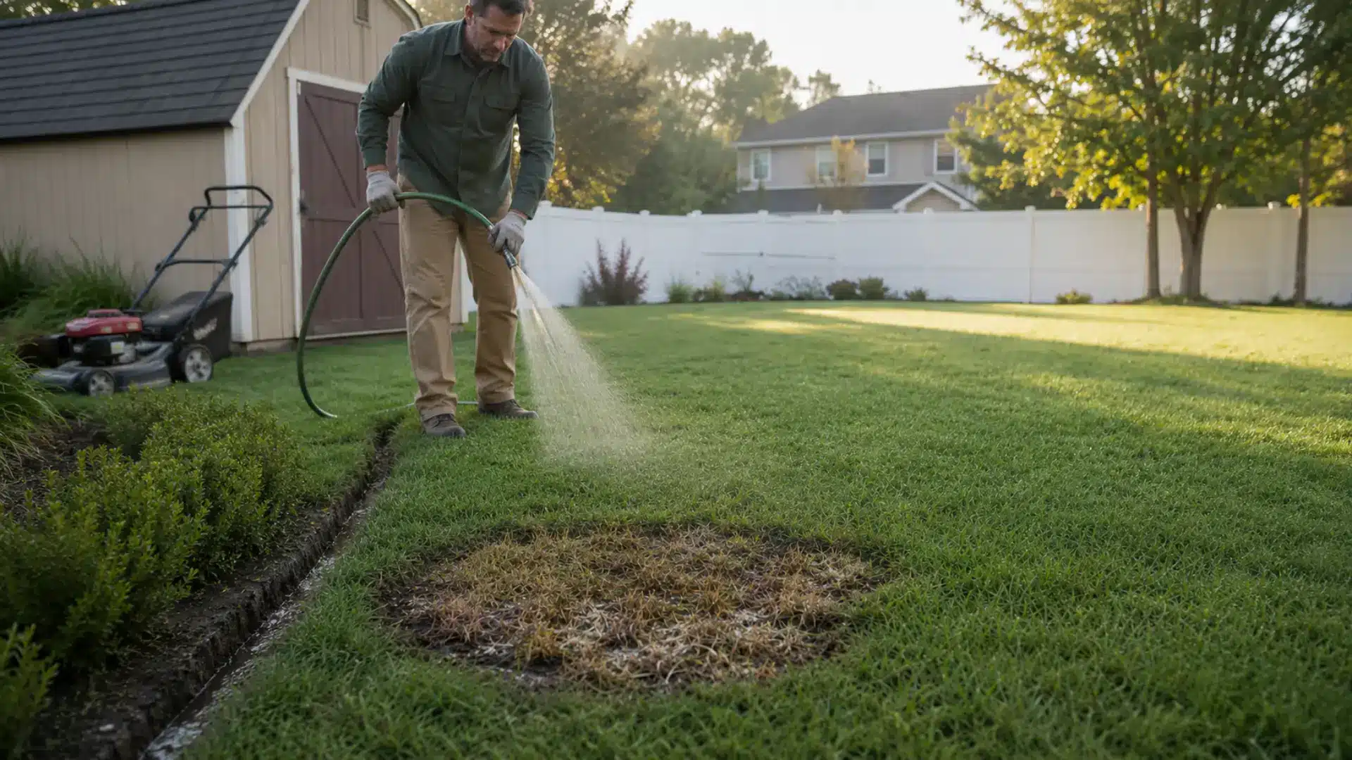 man sprays a brown lawn patch with a hose near a mower, shed, and a neatly trimmed grass edge