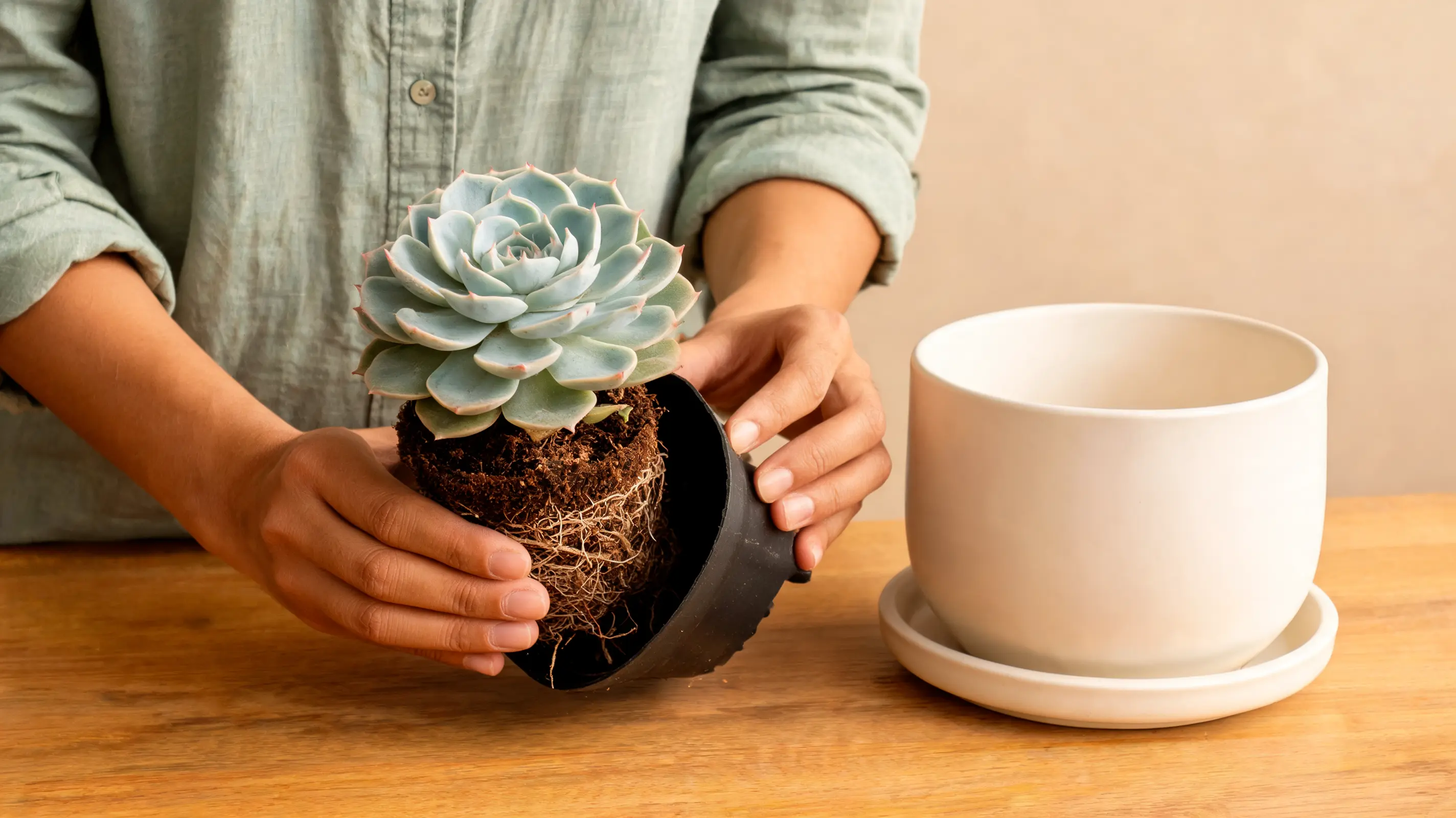 hands gently slide a blue-green echeveria and its root ball from a black plastic nursery pot beside an empty ceramic planter