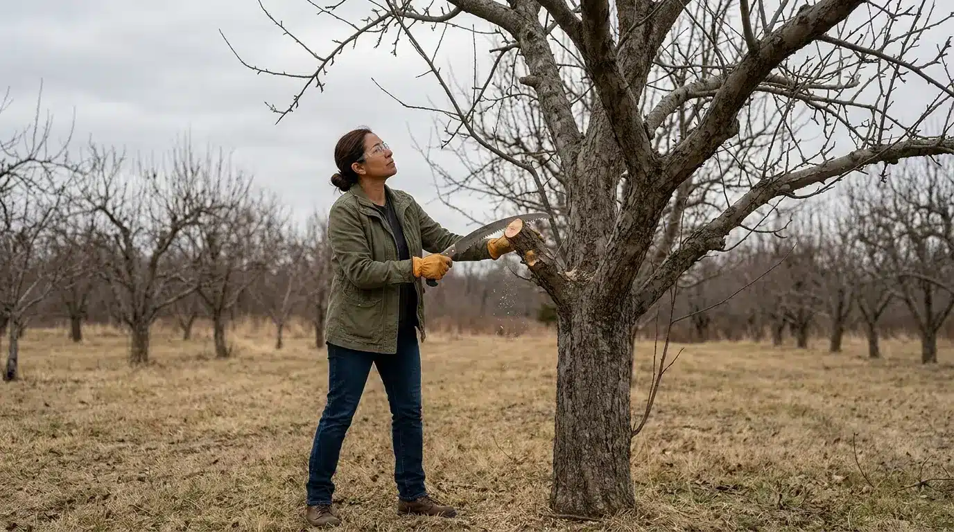 woman using a pruning saw to remove a damaged limb from a mature leafless apple tree in a winter orchard