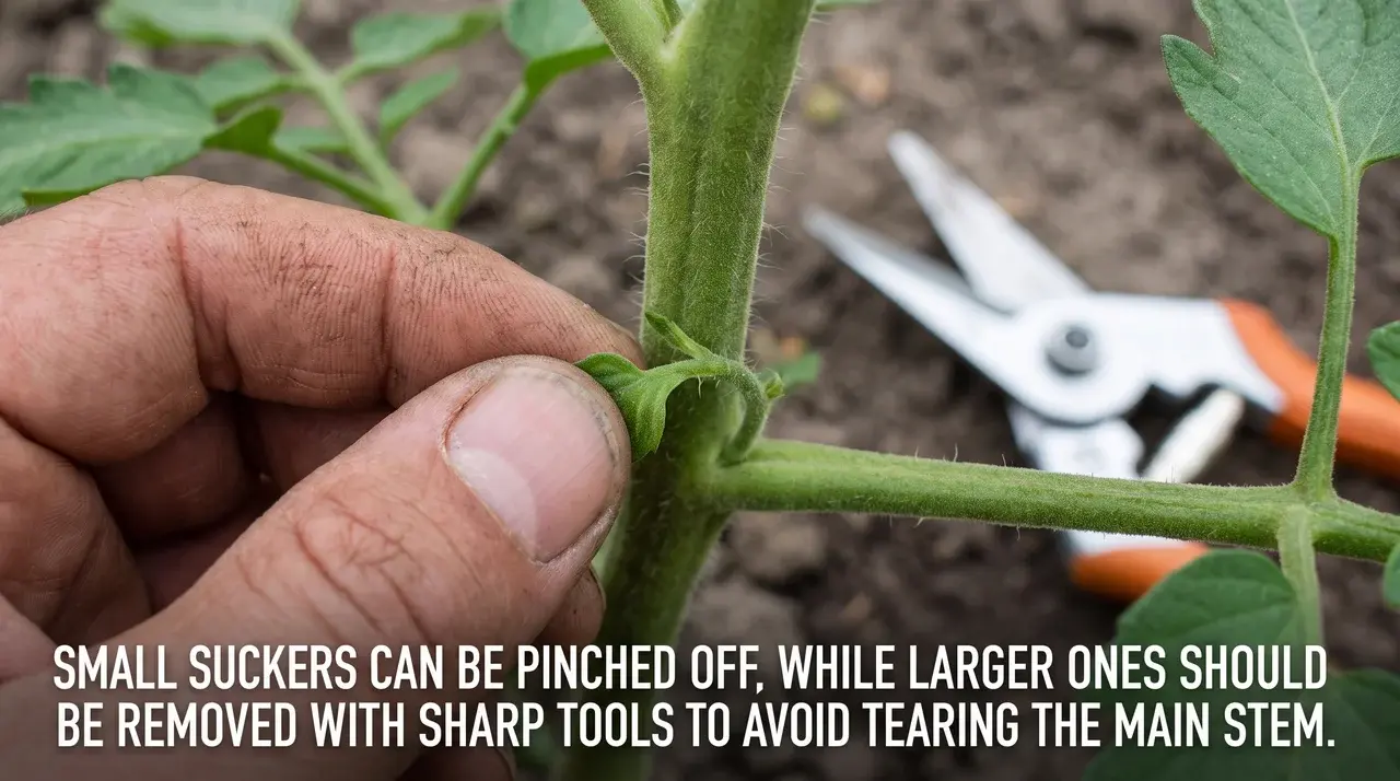 hand carefully pinching off a small unwanted sucker shoot from a healthy tomato plant stem