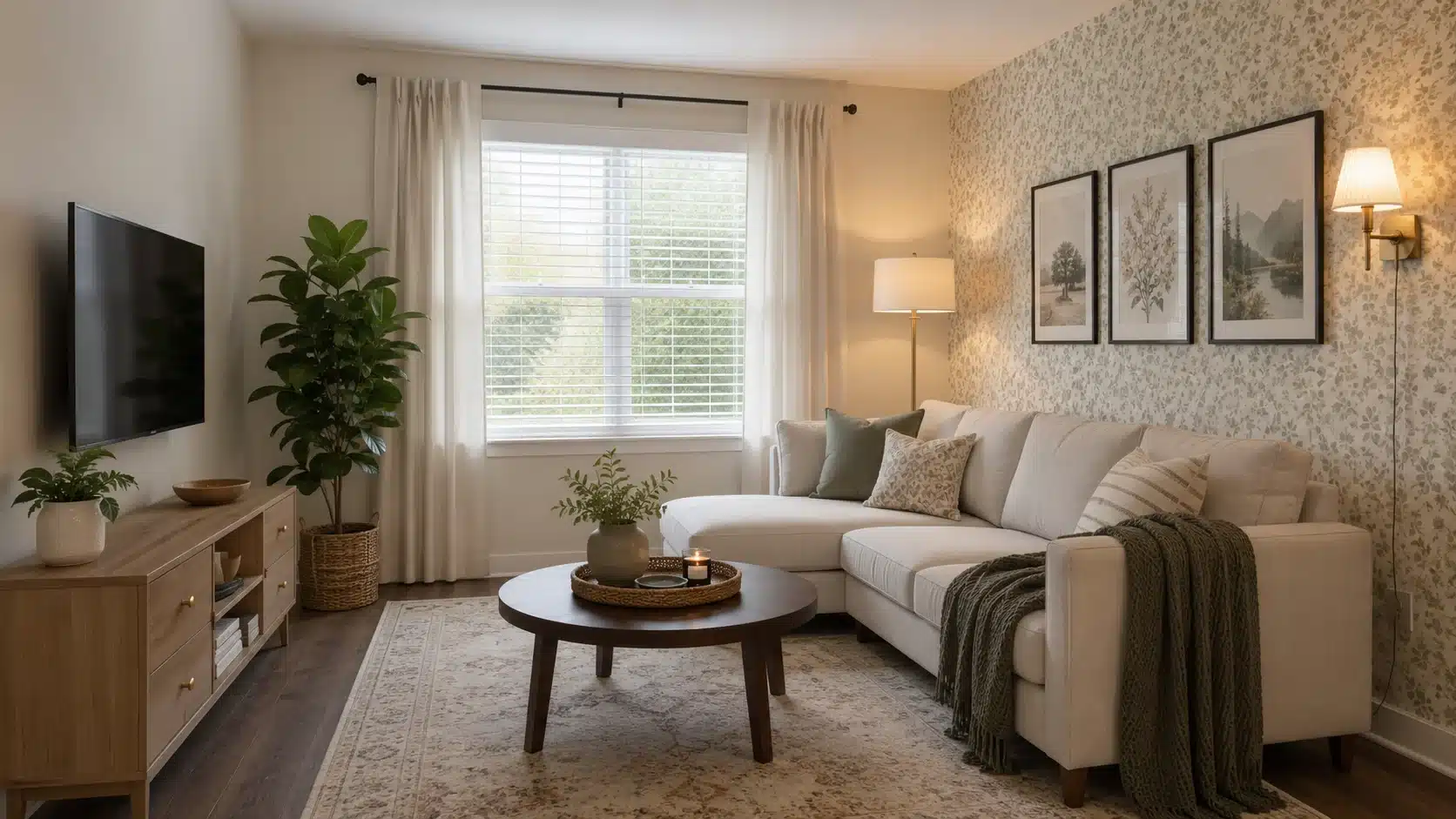 renter friendly apartment interior design with removable art rug lamp plant and peel stick wall detail