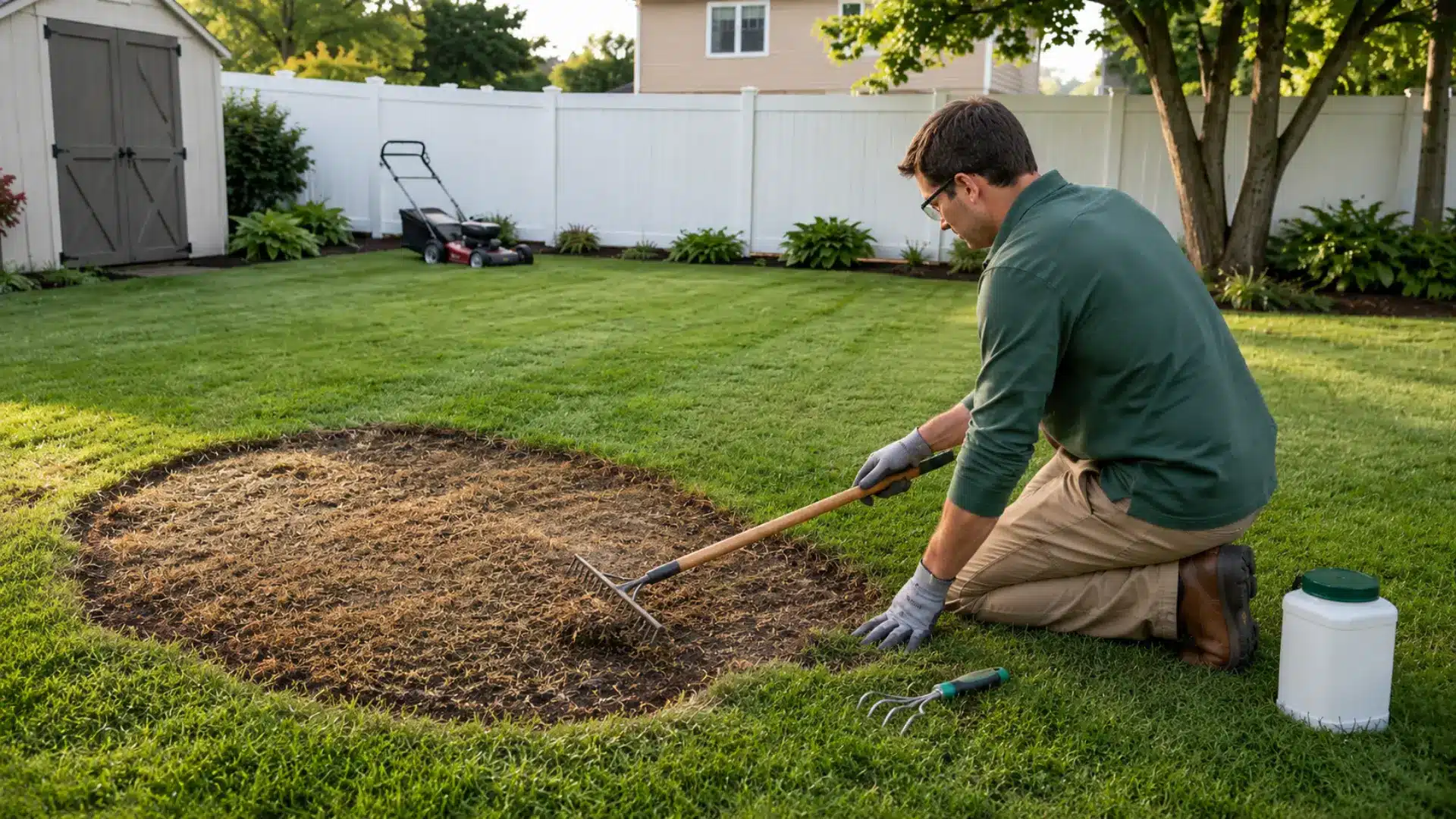 man waters newly seeded grass inside a marked square patch as sunlight spreads across the yard