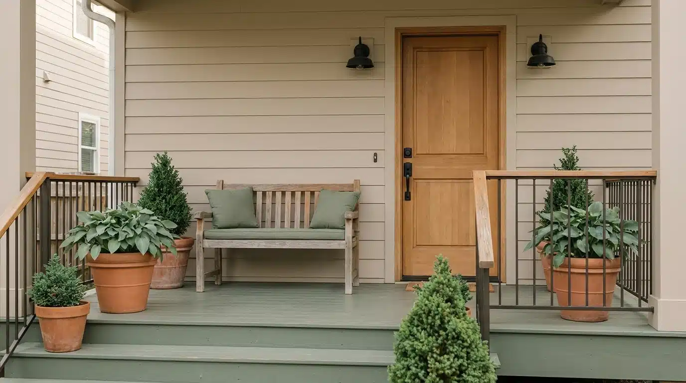 repeat a small color and material palette with wood bench green cushions and terracotta pots