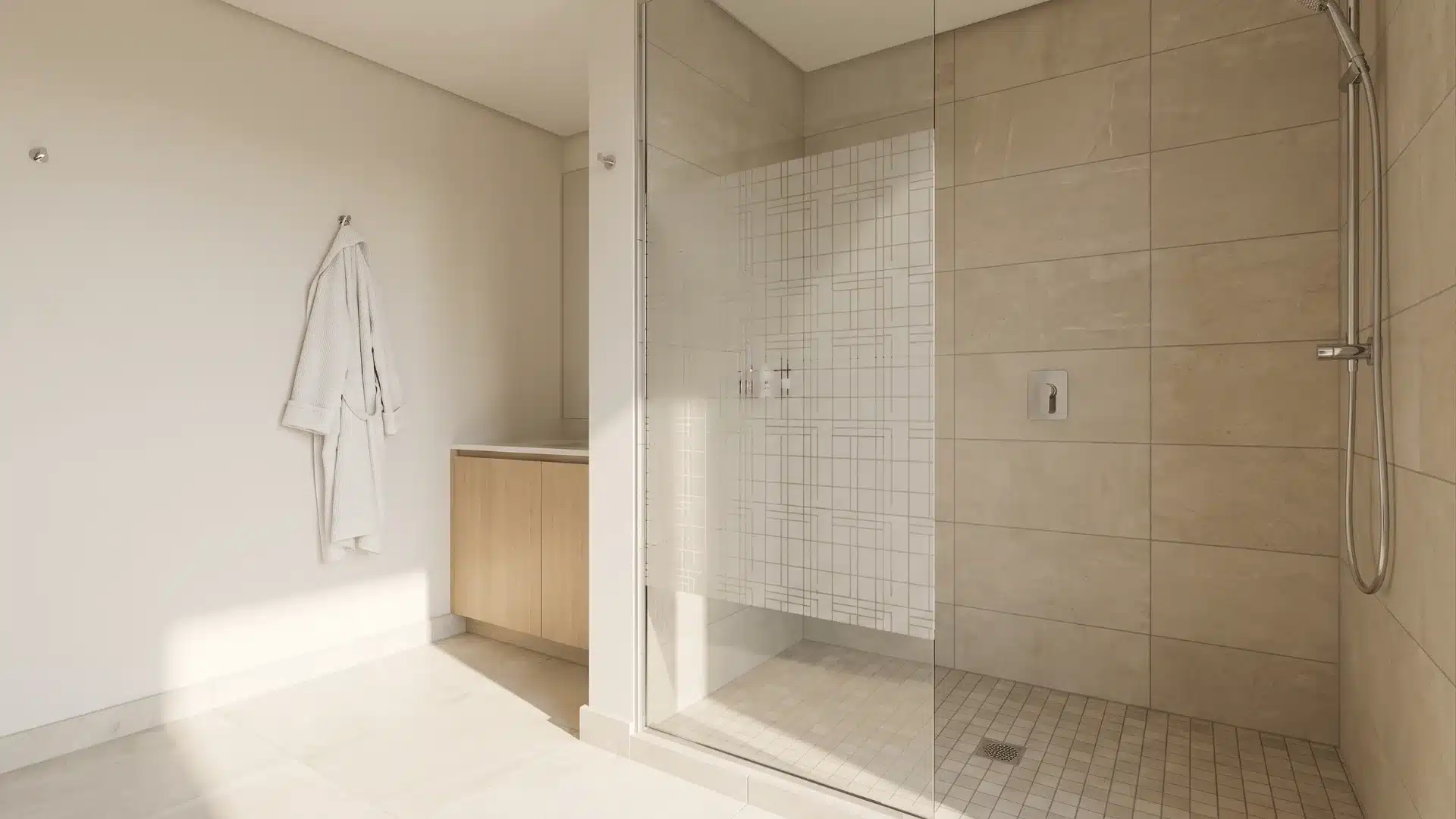 doorless shower with matching geometric patterns on glass and tile