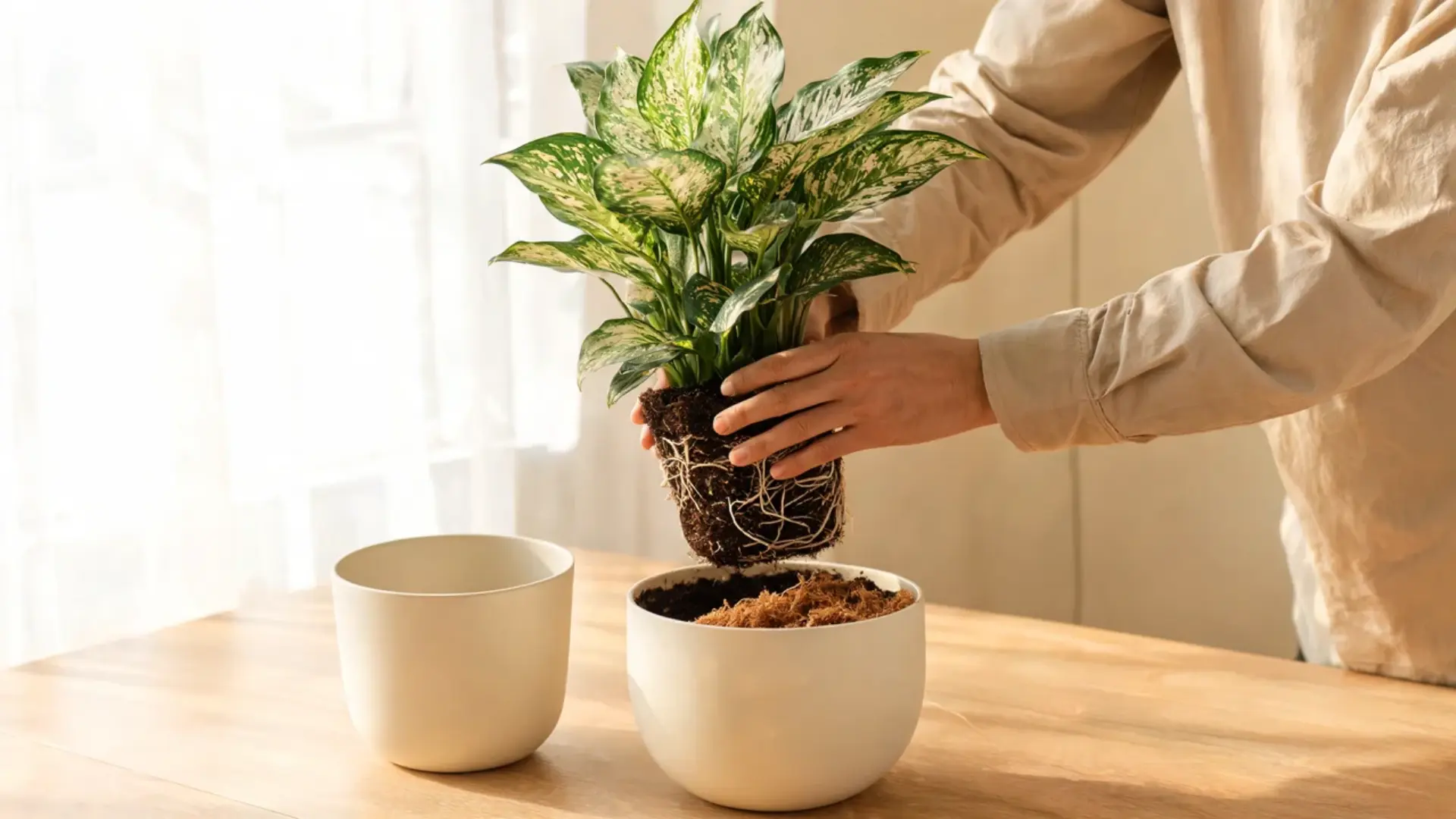a houseplant lifted out of its pot showing crowded roots that need more room after repotting
