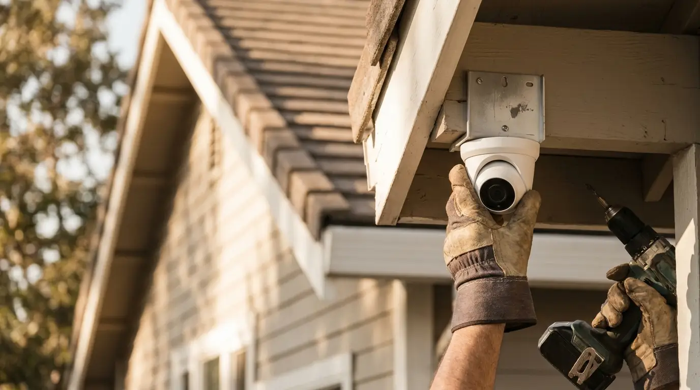Person installing security camera under house eave with cordless drill