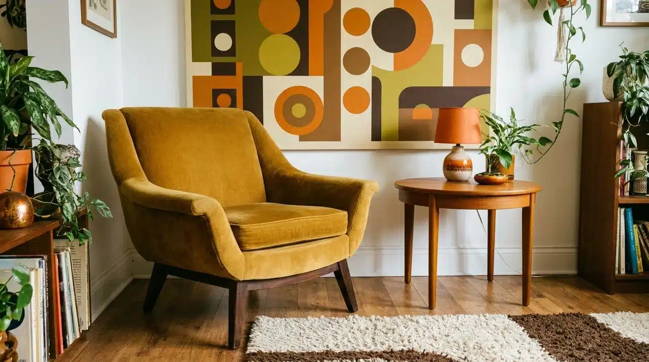 retro lounge chair with graphic wall art in a playful eclectic room corner