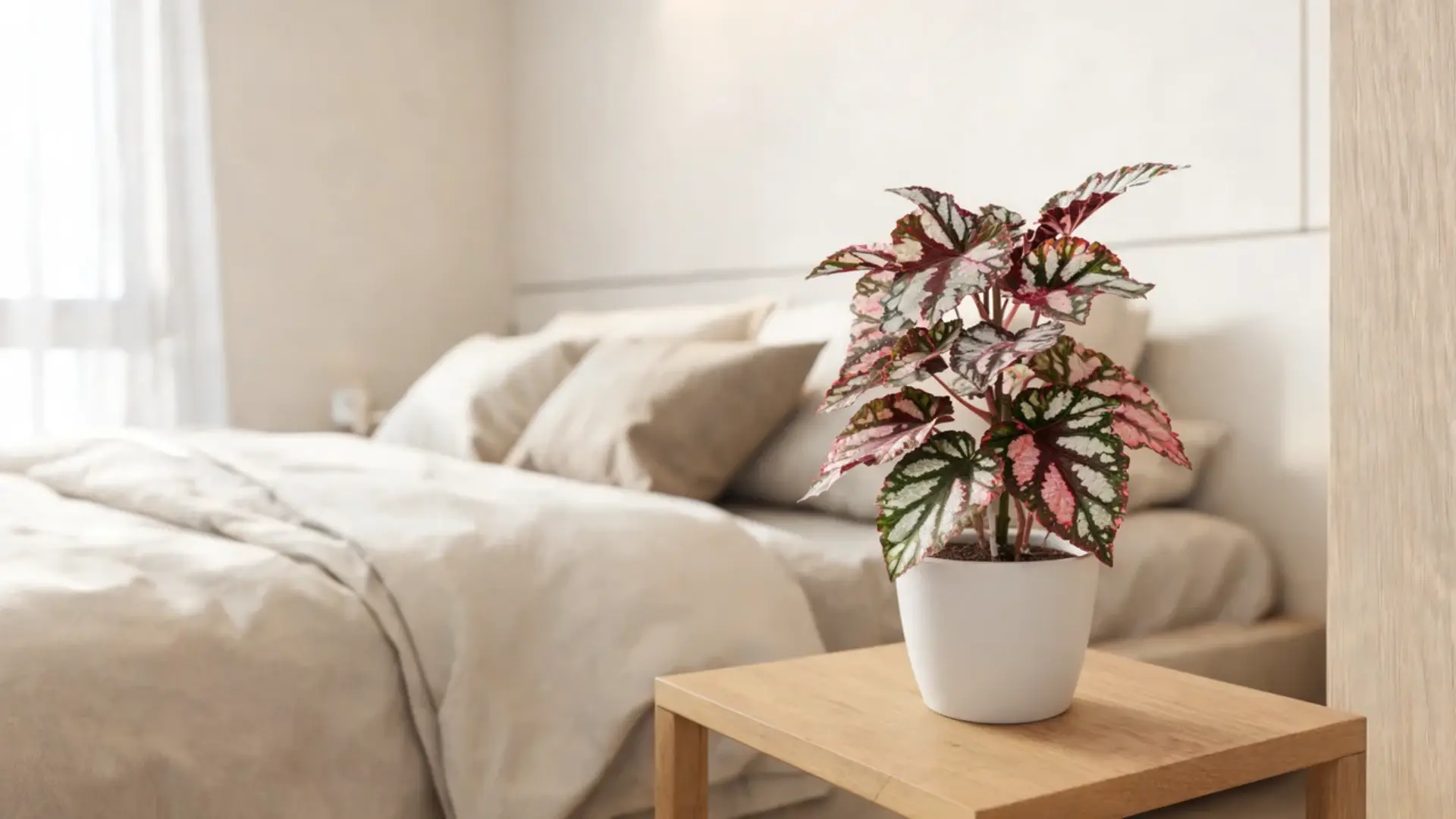 rex begonia with pink silver and green leaves in a white pot on a wooden table beside a calm bedroom