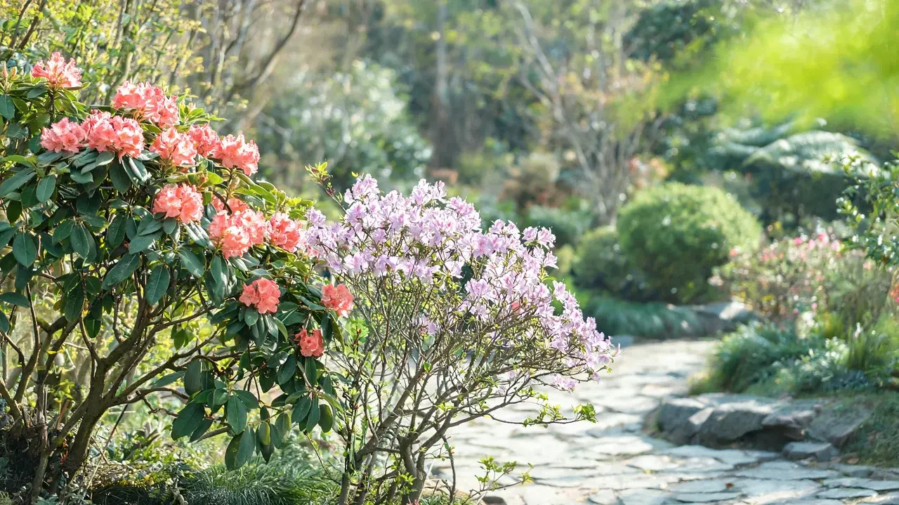 rhododendron and azalea shrubs with colorful flower clusters and glossy green leaves in a spring garden
