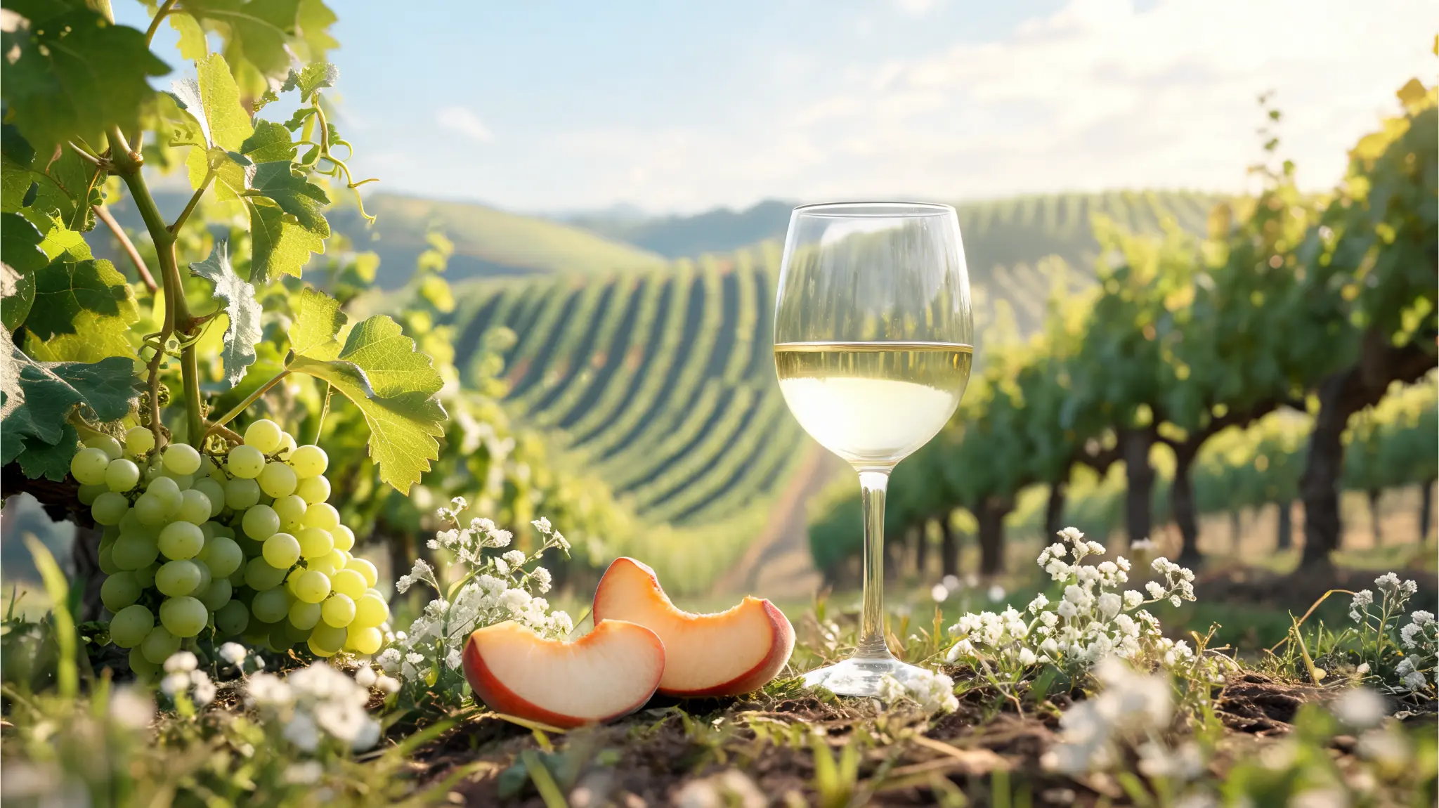 riesling grapes with pale wine peach slices and flowers