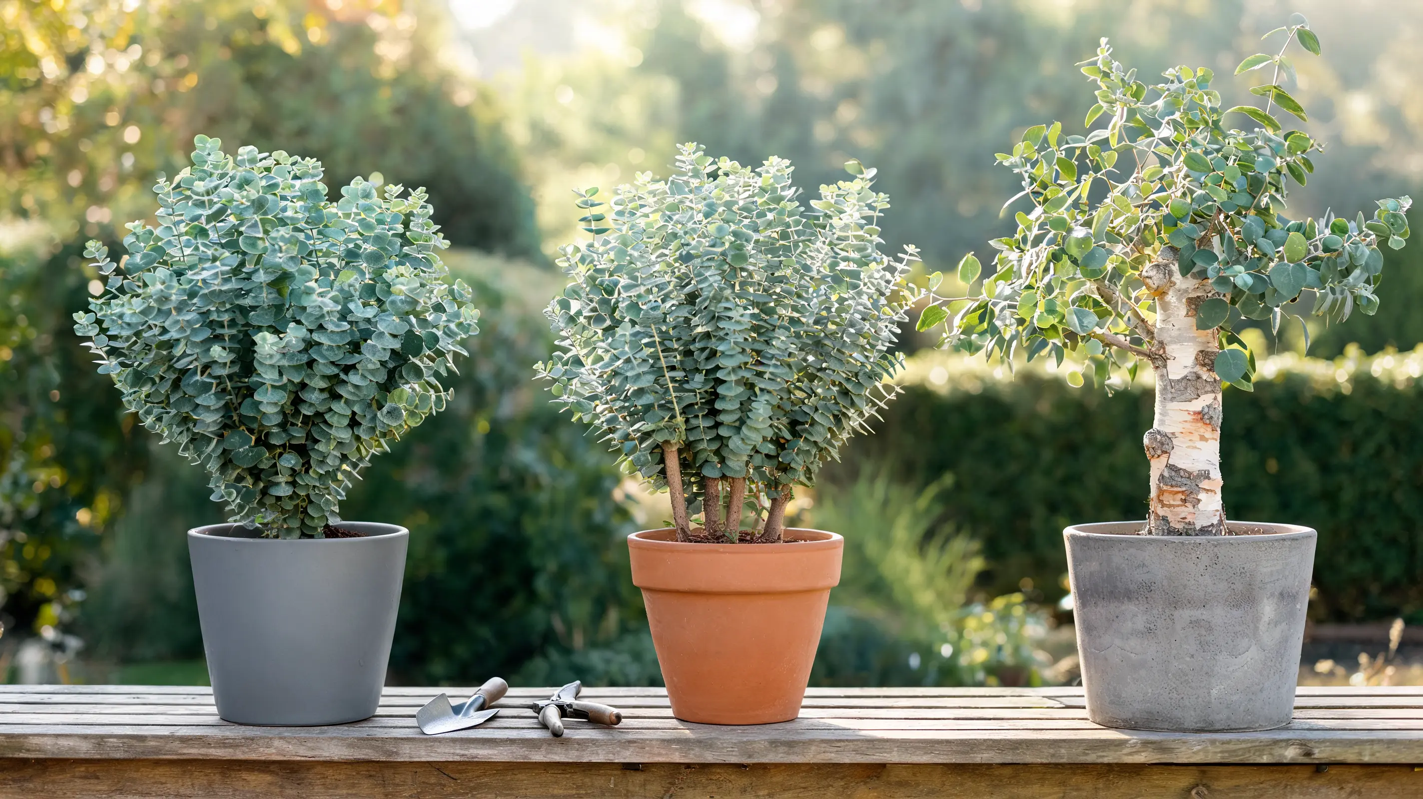 three eucalyptus plants in different containers showing varieties suitable for growing pots